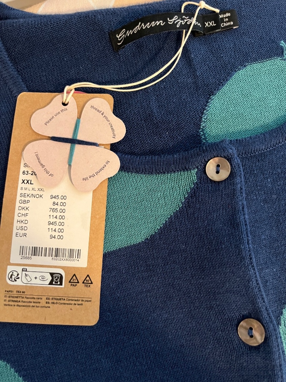 NWT! Gudrun Sjödén Ina Large Polka Dot Blue Light Blue Teal Cardigan Cotton XXL